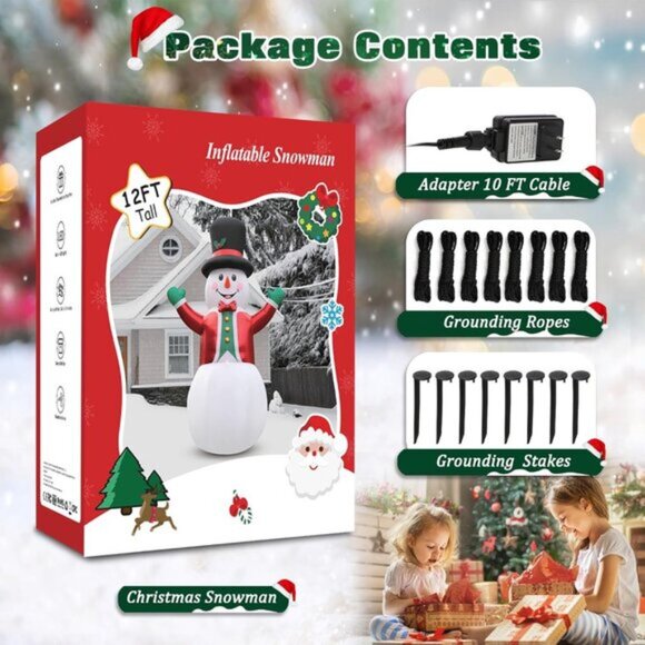 ⚡12FT Christmas Inflatable Snow Man Wear Magic Hat & Red Suit Outdoor Decoration - Picture 6 of 6